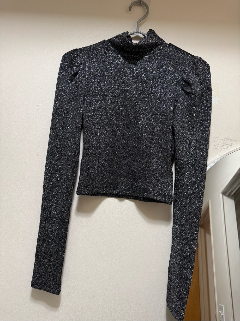 H&M Glitter Mock Neck Long Sleeve Crop Top - Black